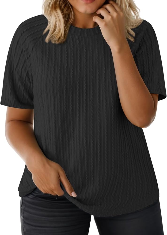 Womens-Plus-Size-Summer-Tops Casual Crew Neck Lightweight Shirts Trendy Knit Tunic Basic Short Sleeve Blouses XL-5XL